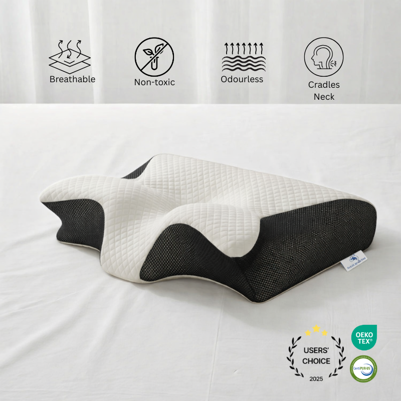 Cervical pillow with features icons and 'Users' Choice' badge on a white background