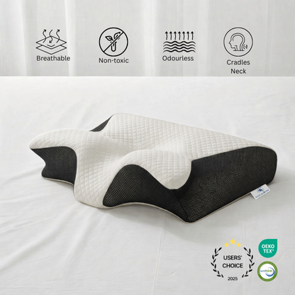 Cervical pillow with features icons and 'Users' Choice' badge on a white background