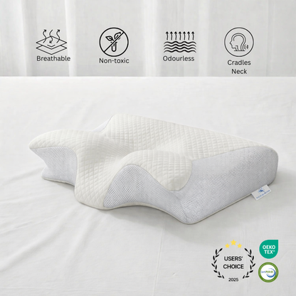 Ergonomic Butterfly Pillow with features labeled on a white background