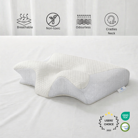 Ergonomic Butterfly Pillow with features labeled on a white background