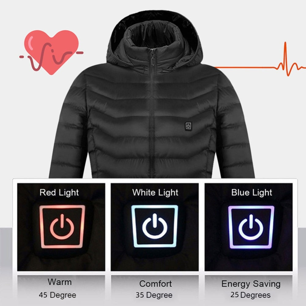 Black heated jacket with LED indicators for different temperature settings on a gray background.