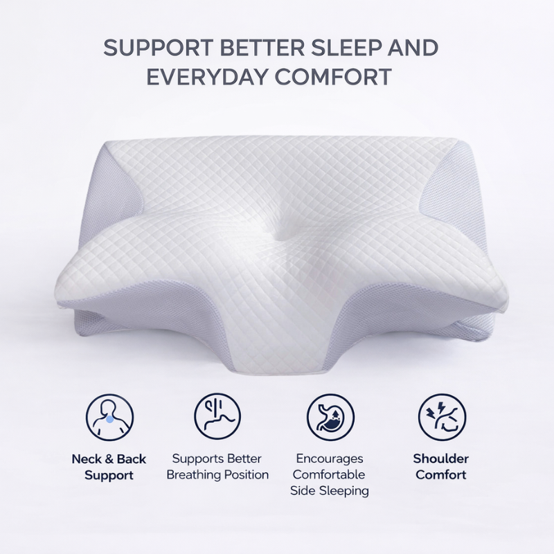 Cervical pillow with text highlighting its benefits on a white background