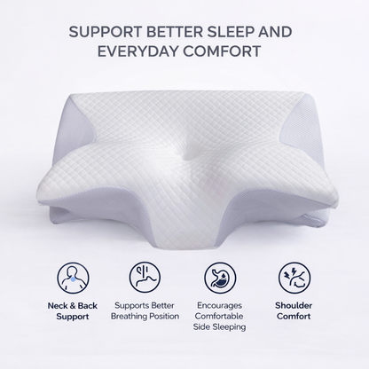 Cervical pillow with text highlighting its benefits on a white background
