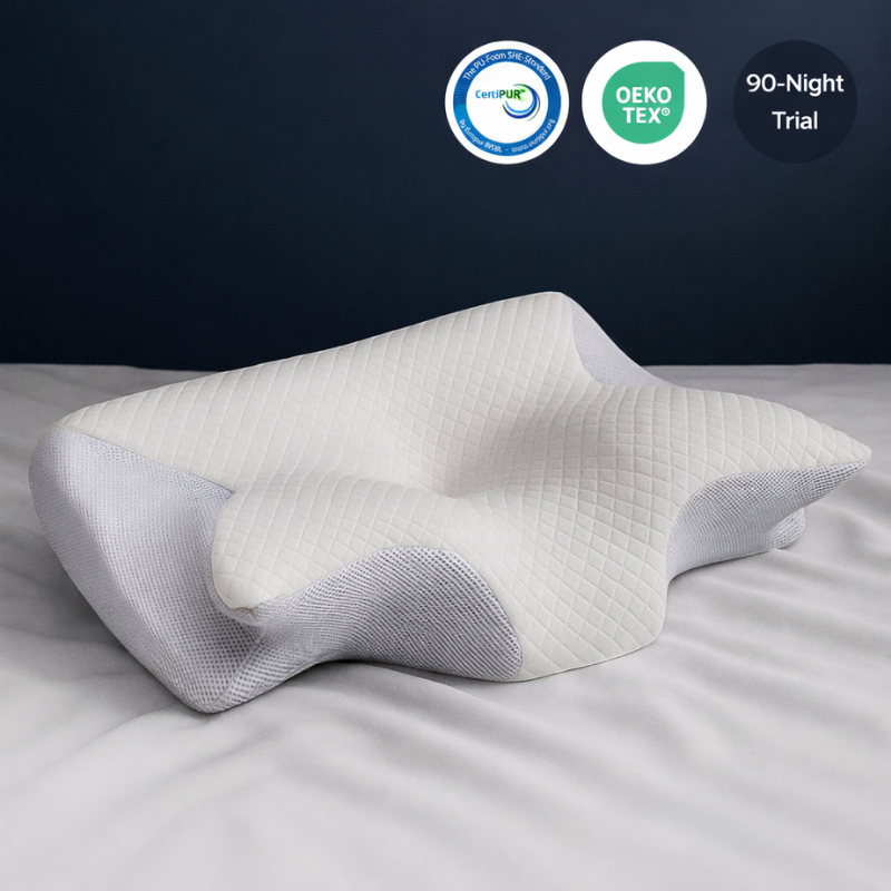 Ergonomic pillow on a bed with CertiPUR and OEKO-TEX logos and a 90-night trial label.