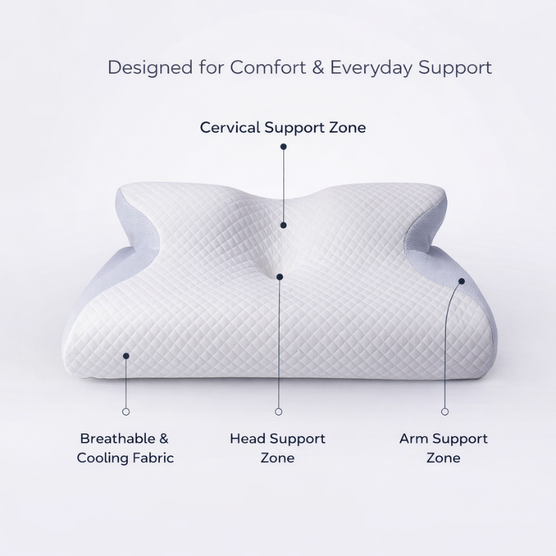 Ergonomic pillow with labeled support zones on a white background
