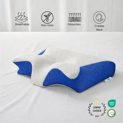 Neck pillow with blue accents on a white background, featuring icons and text about its benefits.