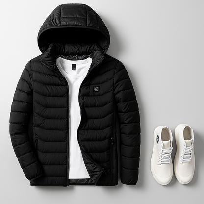 Black puffer jacket, white shirt, and white sneakers on a light gray background