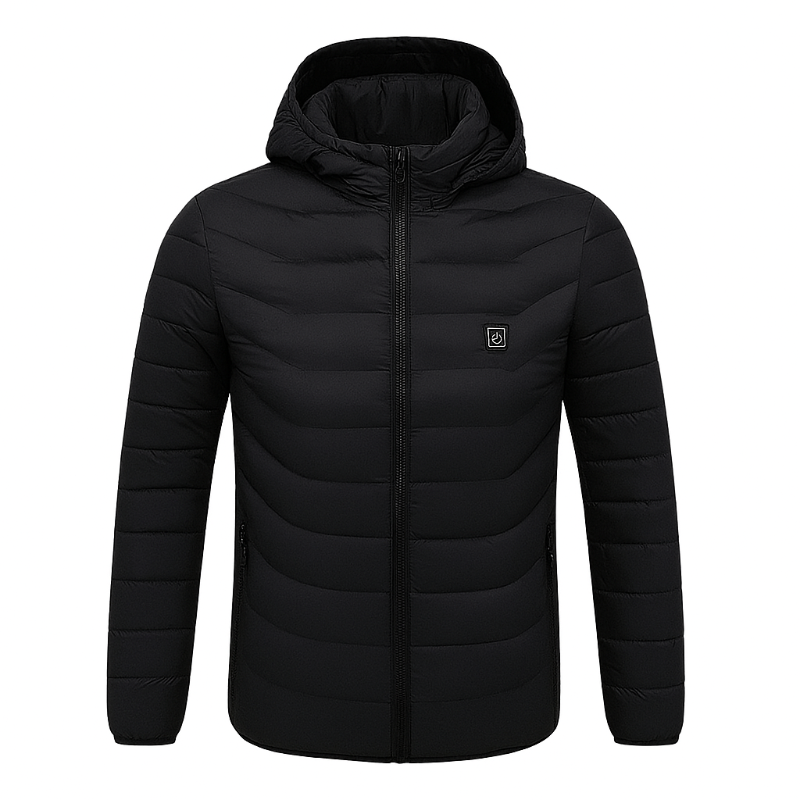Black heated jacket with a hood on a white background