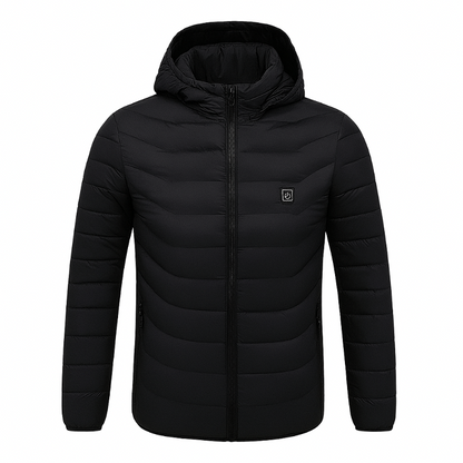 Black heated jacket with a hood on a white background