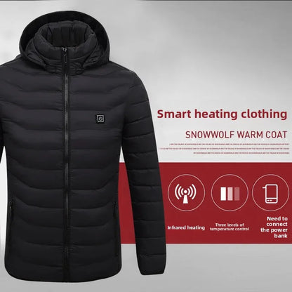 Black heated jacket with promotional text on a gray background