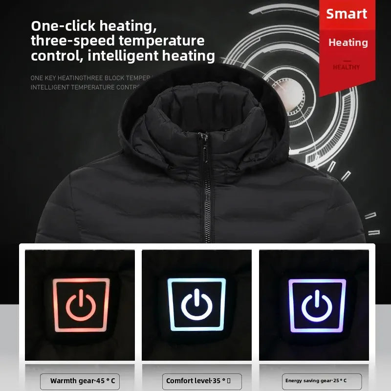Black heated jacket with control icons and temperature display on a dark background