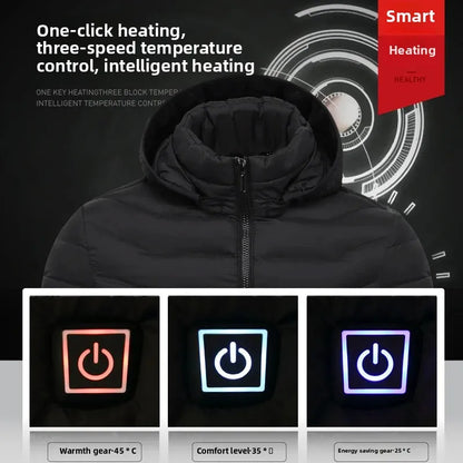 Black heated jacket with control icons and temperature display on a dark background