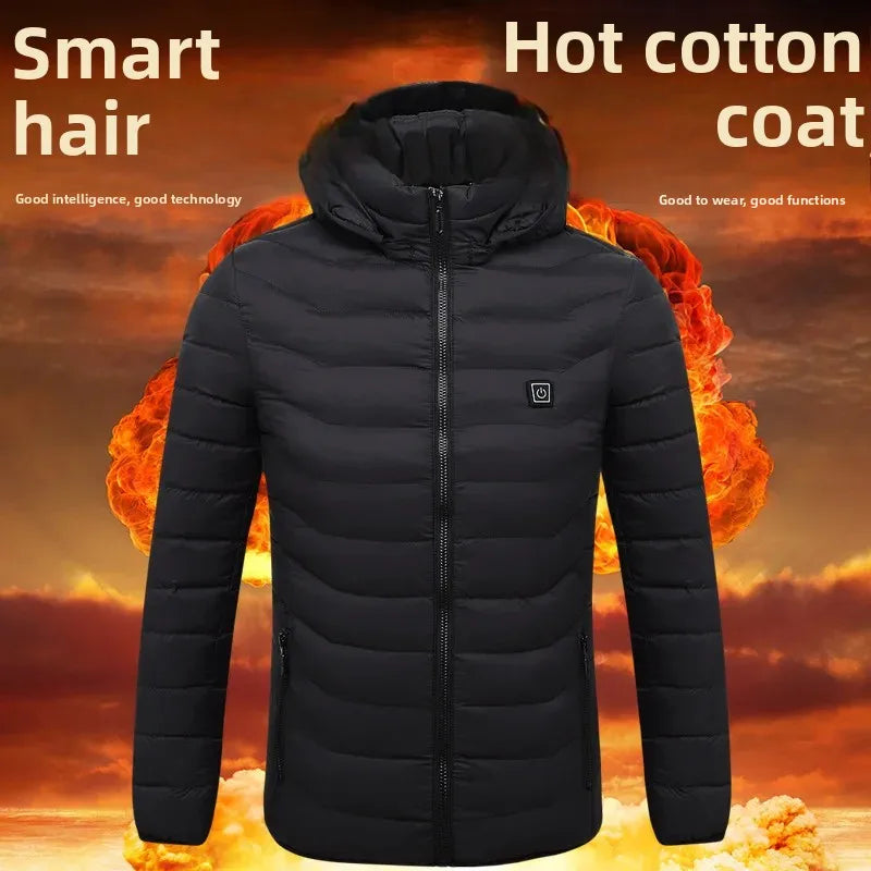 Black heated jacket with flames in the background